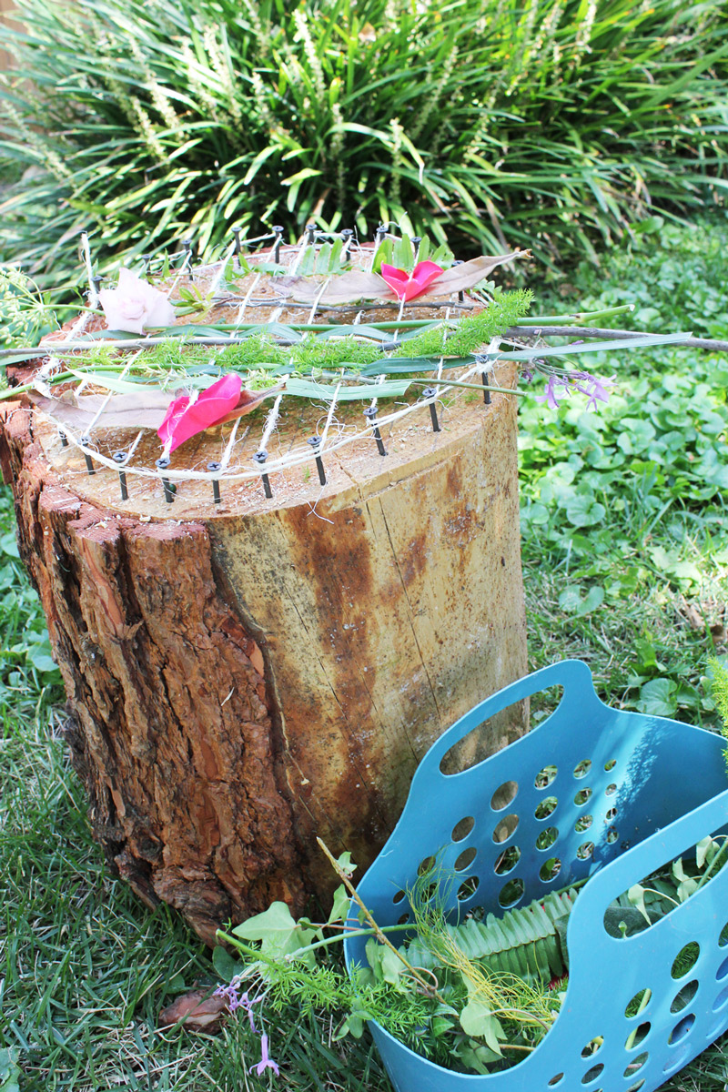 Make a natural loom from a tree stump.