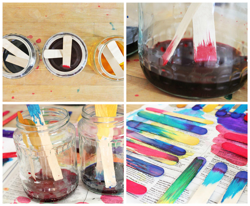Simple Science Art Idea: Make gorgeous dip-dyed craft sticks and explore color mixing and absorption!