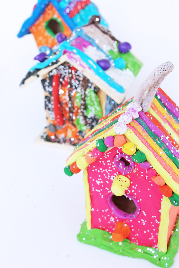 Art projects for kids: Use colored clay to decorate inexpensive wood birdhouses!