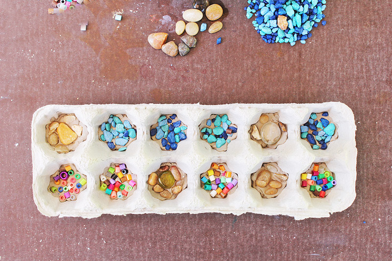 Plaster of paris projects idea: Try making mosaic treasure tiles from colorful found objects.