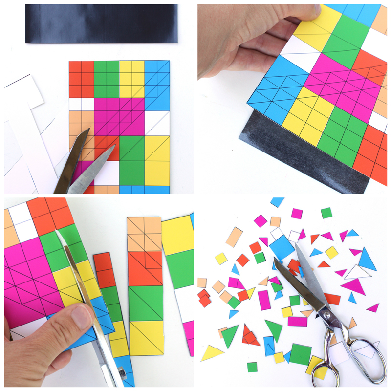 Mosaic Art for Kids: Make geometric mosaic magnets with our free printable and magnetic sheets.