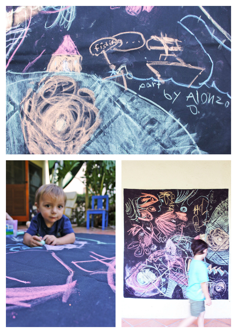Easy art activities for kids: Make WASHABLE GRAFFITI murals using chalk and black canvas.