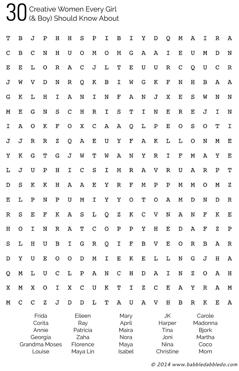 30 Creative Women Every Girl (& Boy) Should Know About- Plus a FREE downloadable word search and crossword puzzle