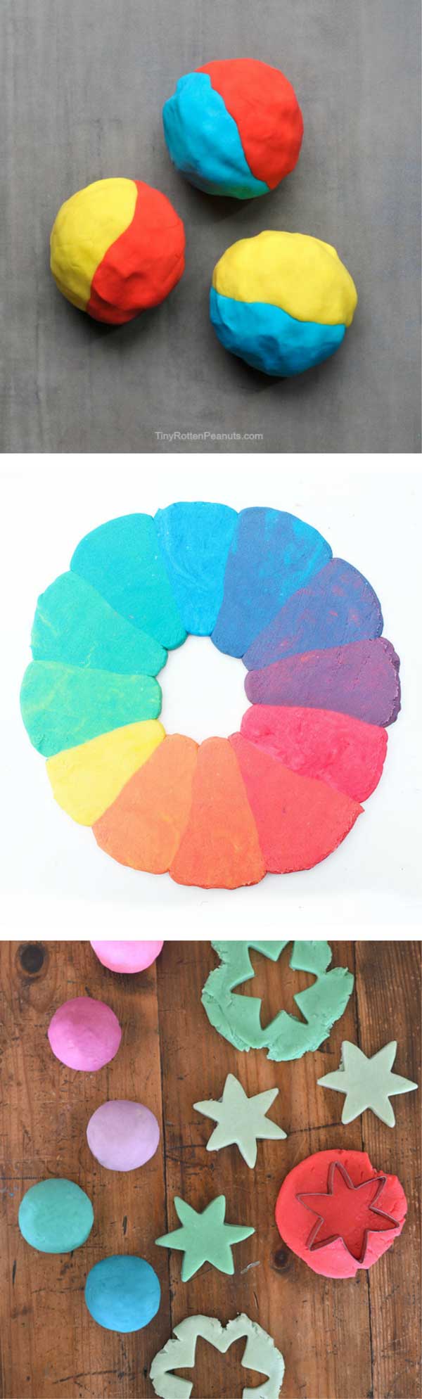 Explore color theory by creating a rainbow playdough color wheel and two other color focused playdough activities.