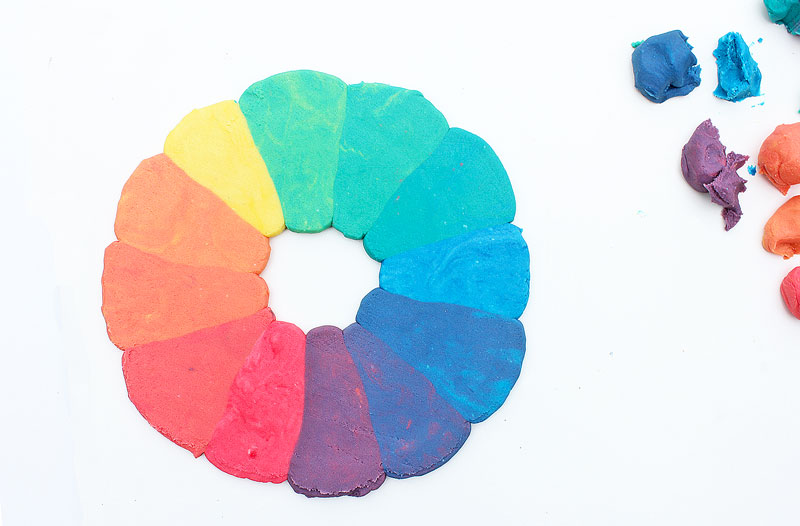 Learn how to make playdough and explore color theory by creating a rainbow play dough color wheel.