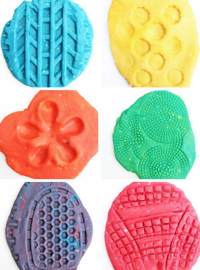Here's a novel idea for play dough activities: use recyclables as play dough toys. Recycled plastics have some amazing textures for kids to explore.