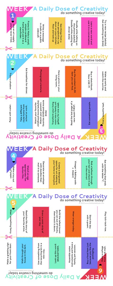42 Creative Ideas for families. FREE Printable with simple daily creative activities.