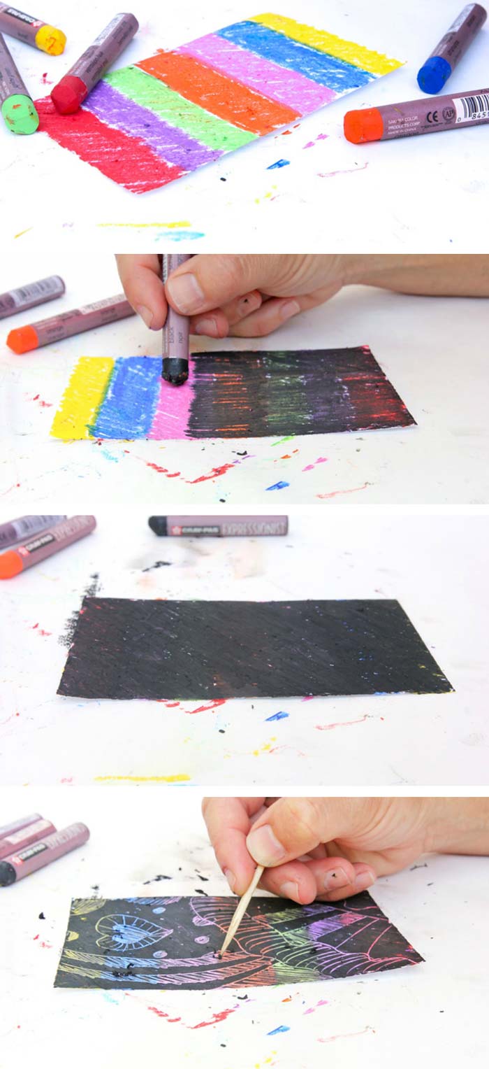 Learn how to make your own scratch art paper using one simple material: Oil Pastels. From start to scratching in minutes!