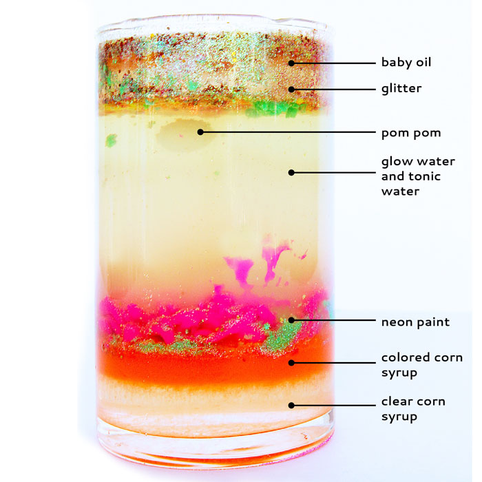 Spooky science project for kids: Make a glowing Magic Potion Density Tower and explore the density of different liquids.