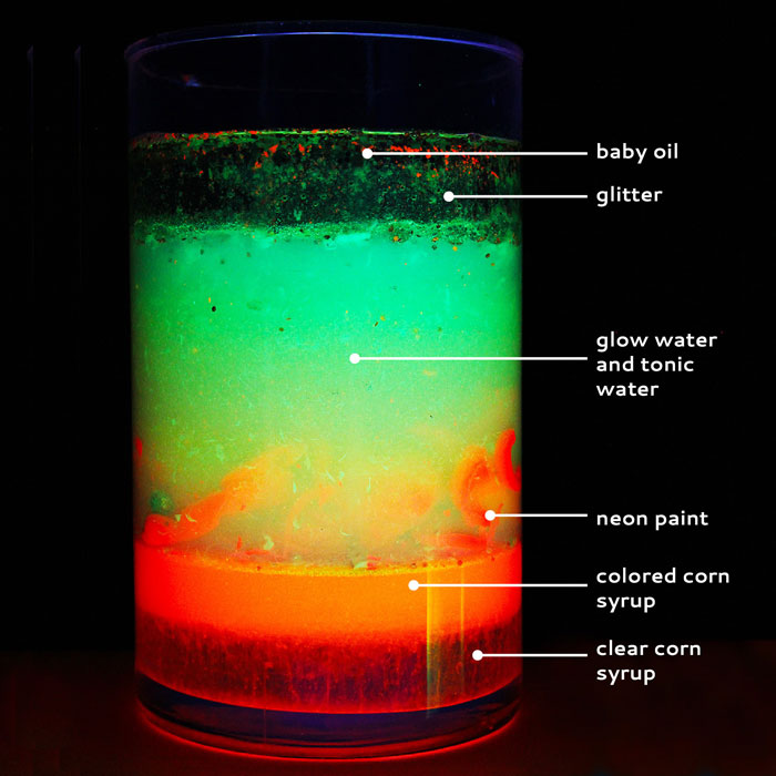 Spooky science projects for kids: Make a glowing Magic Potion Density Tower and explore the density of different liquids.