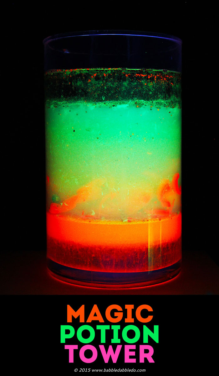 Freaky science projects for kids: Make a glowing Magic Potion Density Tower and explore the density of different liquids.
