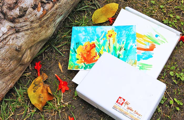Here's an art idea: Make art on the go! 5 reasons to take art outside. Ideas for where to go, what to bring, tips for enjoying an outdoor art adventure and an introduction to watercolor painting for kids!