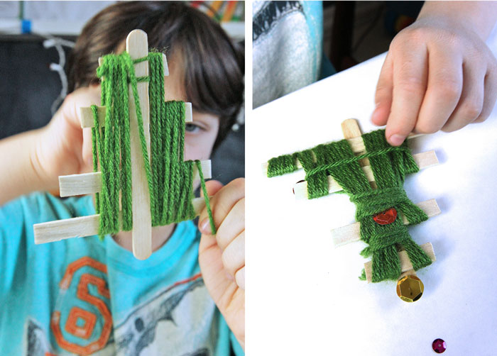 Make homemade Christmas ornaments  from craft sticks and string/yarn. Fun holiday weaving project for kids.