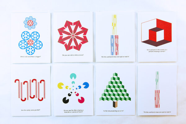 Printable Holiday Cards featuring holiday themed optical illusions