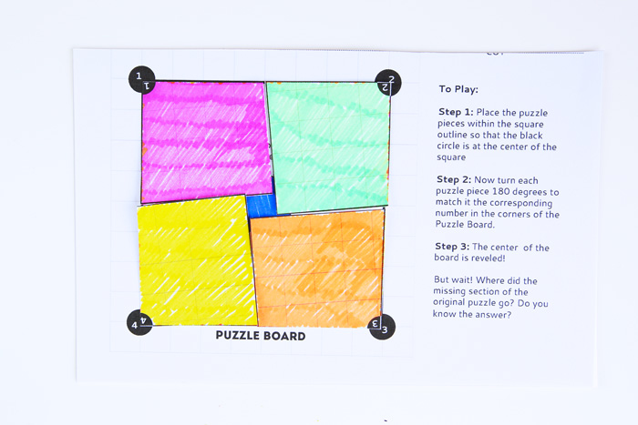 Have fun with this math game: The Missing Middle Puzzle. A printable vanishing area puzzle.