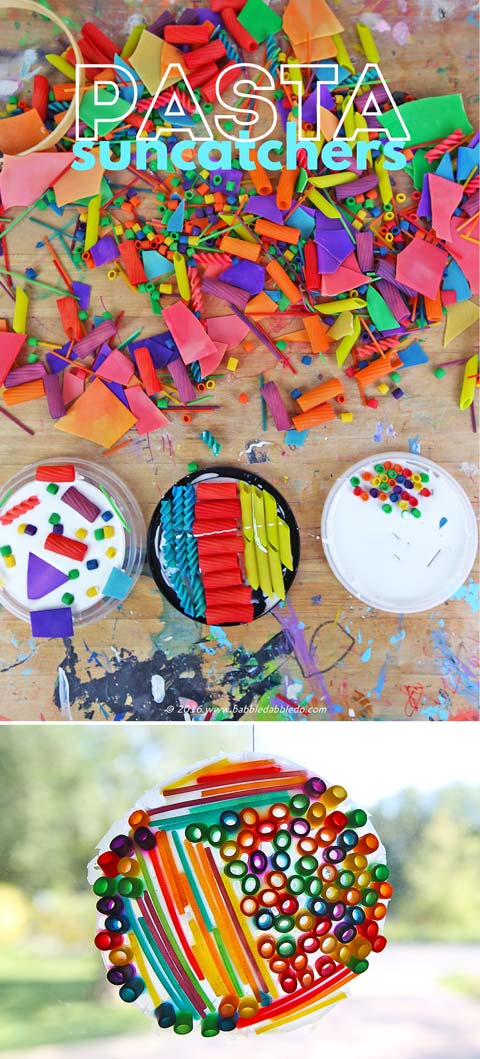 Make this colorful suncatcher craft using dyed pasta and glue.