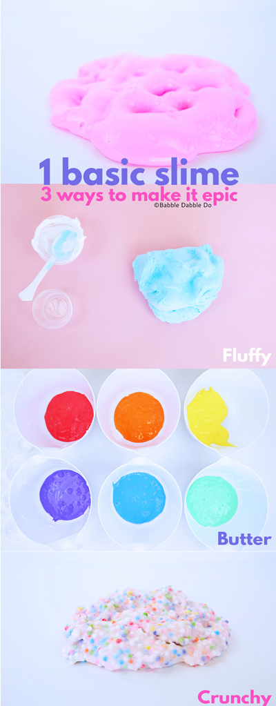  The best basic slime recipe and how to turn it into fluffy slime, butter slime, and crunchy slime.
