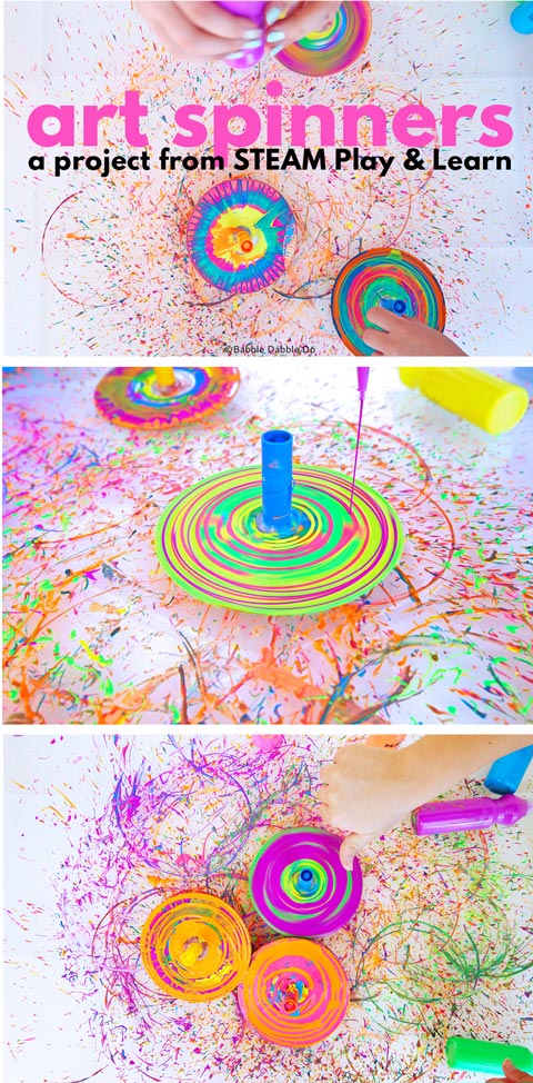 Make spin art using DIY tops! Great STEAM project for preschoolers from the new book "STEAM Play & Learn" by Ana Dziengel of Babble Dabble Do