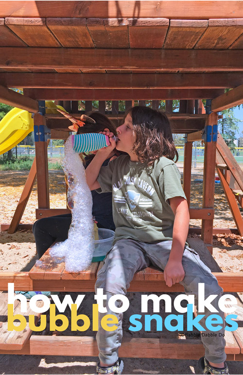 Learn how to make simple bubble snakes out of recycled materials. This is a great outdoor project for kids on a hot day!
